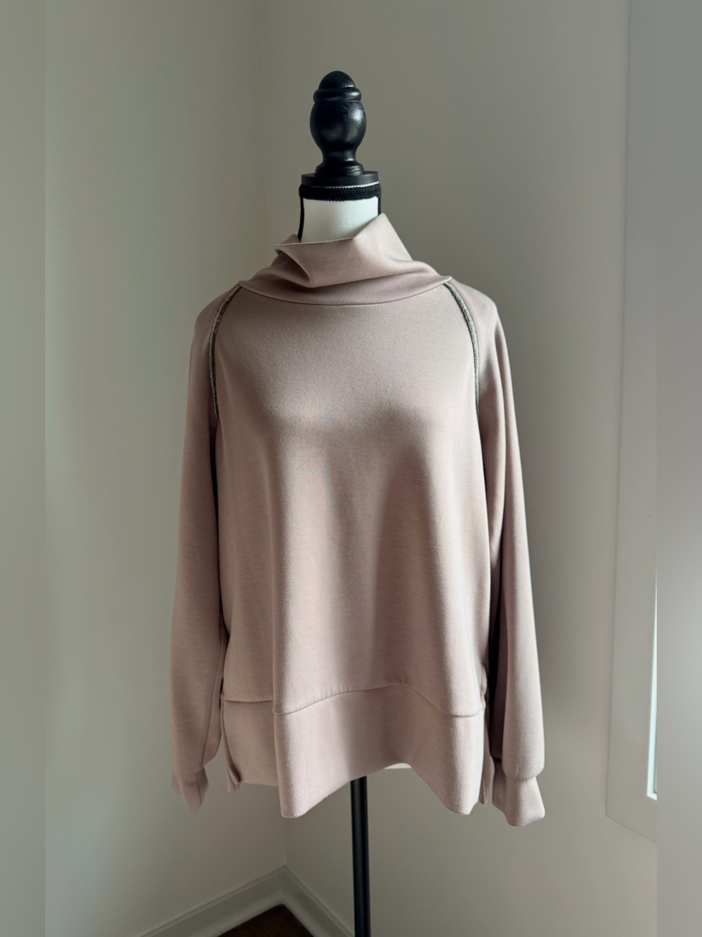 Elie by Elie Tahari Cowl Neck Top Medium Blush Metallic Chain Trim